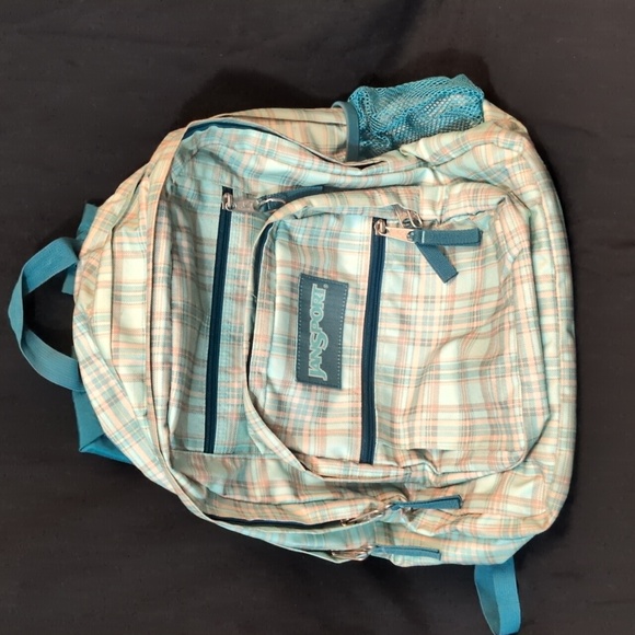 Jansport Teal and Beige Plaid Backpack - Picture 1 of 4